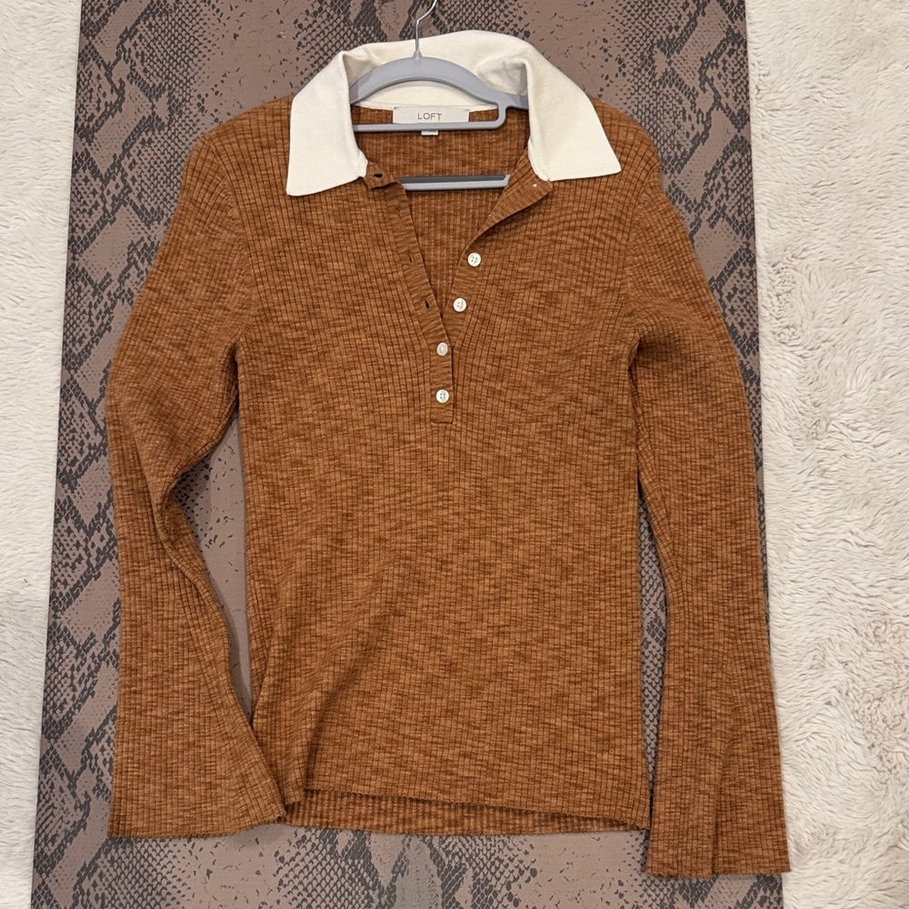 LOFT Tan Button Down Shirt with White Collar